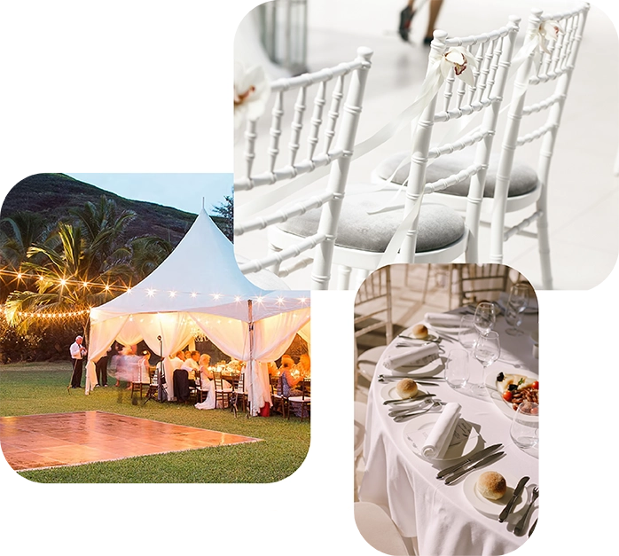 Masa ve tiffany sandalye detayları – yuvarlak banket masa düzeni (kolaj)